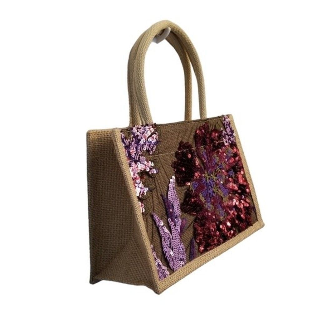Sequin Embroidery Floral Stitching Linen Tote Bag NWT - Picture 6 of 13